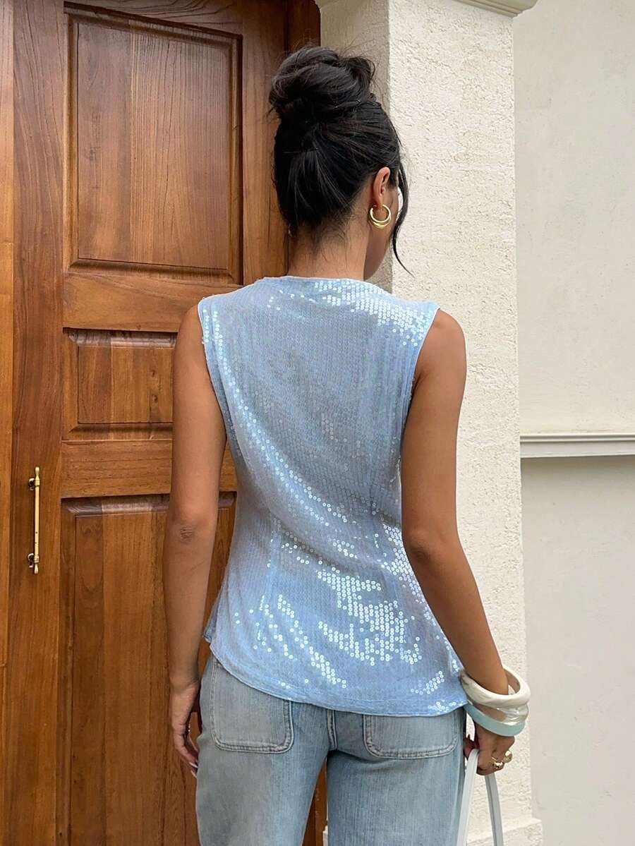 Siren Gaze Spring & Summer Urban Casual Asymmetric Hem Striped Sleeveless Top ,Holidays, Casual , Beach For Women, Elegant , Spring Breaks , Navy Blue Top