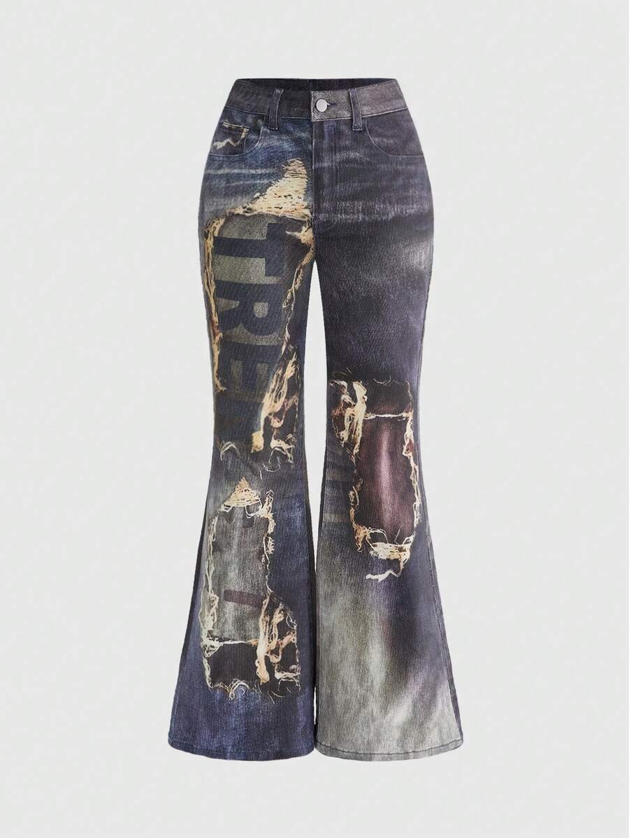 ROMWE Women's Y2K Streetwear Ripped Print Low-Waist Flare Jeans
