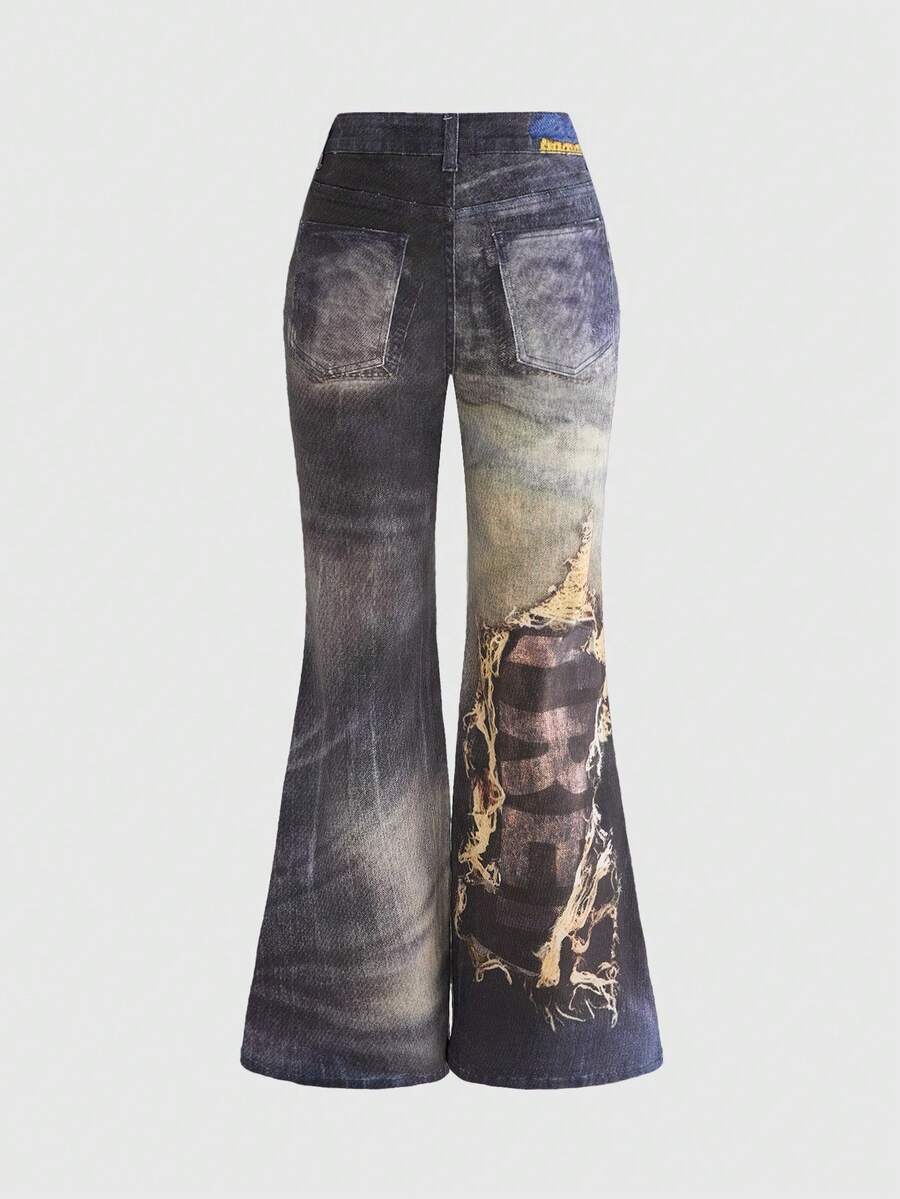 ROMWE Women's Y2K Streetwear Ripped Print Low-Waist Flare Jeans