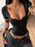 Coolane Women's Y2K Minimalist Army Green Summmer Seksi Chic Night Out Streetwear Branch Pattern Bustier Stretchy Ribbed Knit V-Neck Tight Fitting Top T-Shirt