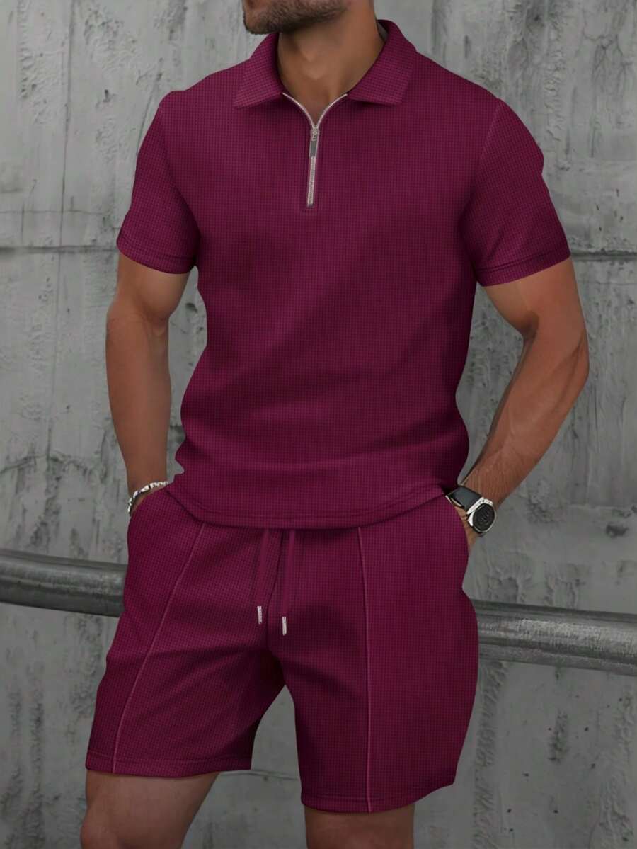 2pcs/Set Men's Waffle Fabric Classic Zip Collar Short Sleeve Polo Shirt + Shorts, Summer Casual Fashion Resort Beach Outfit