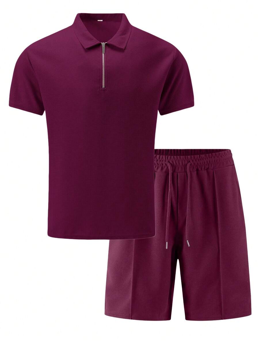 2pcs/Set Men's Waffle Fabric Classic Zip Collar Short Sleeve Polo Shirt + Shorts, Summer Casual Fashion Resort Beach Outfit