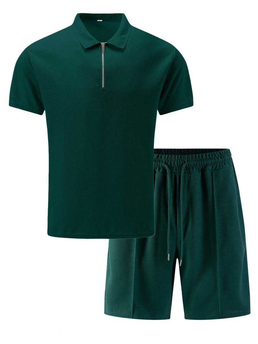 2pcs/Set Men's Waffle Fabric Classic Zip Collar Short Sleeve Polo Shirt + Shorts, Summer Casual Fashion Resort Beach Outfit