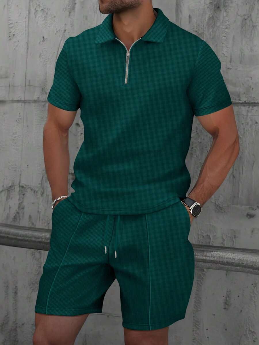 2pcs/Set Men's Waffle Fabric Classic Zip Collar Short Sleeve Polo Shirt + Shorts, Summer Casual Fashion Resort Beach Outfit