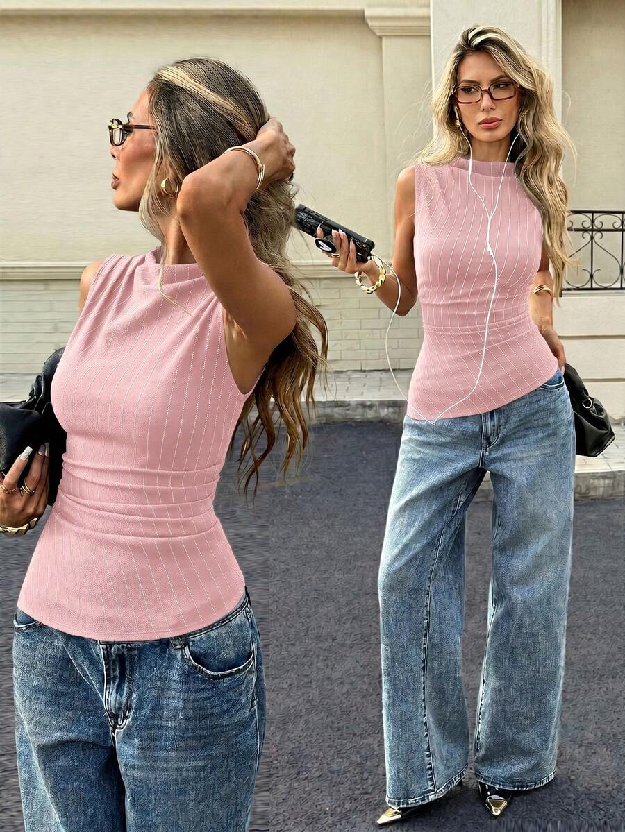Siren Gaze Spring & Summer Urban Casual Asymmetric Hem Striped Sleeveless Top ,Holidays, Casual , Beach For Women, Elegant , Spring Breaks , Navy Blue Top