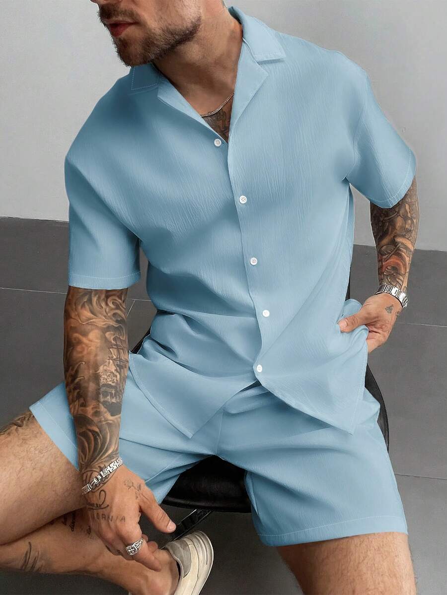 2pcs Men's Summer Set, Lightweight Breathable Cuban Linen Shirt And Drawstring Shorts Set, Vintage Gentleman Style Casual Beach Wedding Party Holiday Travel Outfit, Father's Day Gift For Husband, Dad, Boyfriend, Comfortable & Versatile