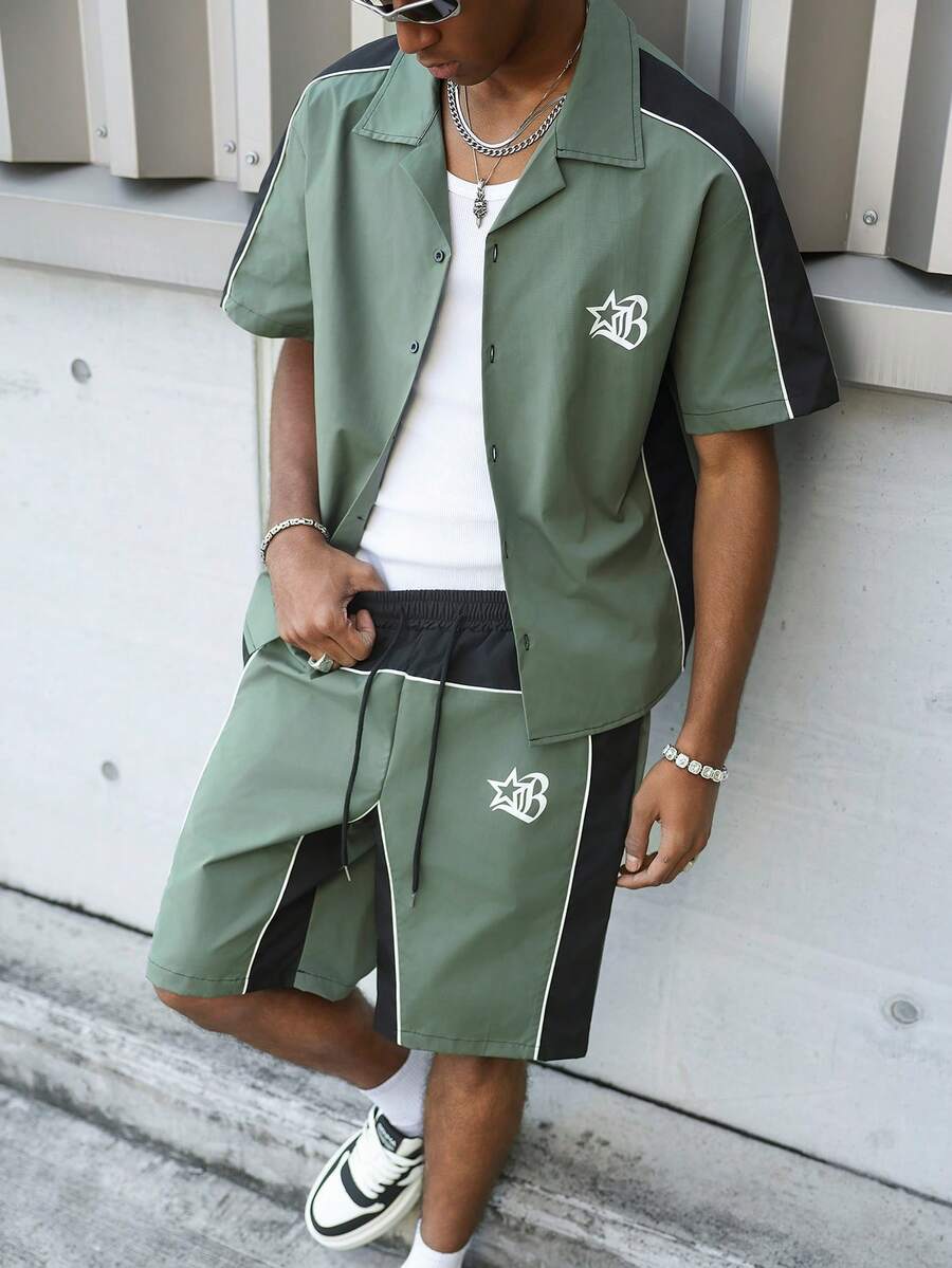 PAVTROS Men's Letter Print Color Block Short Sleeve Shirt And Shorts Casual Daily Outfit