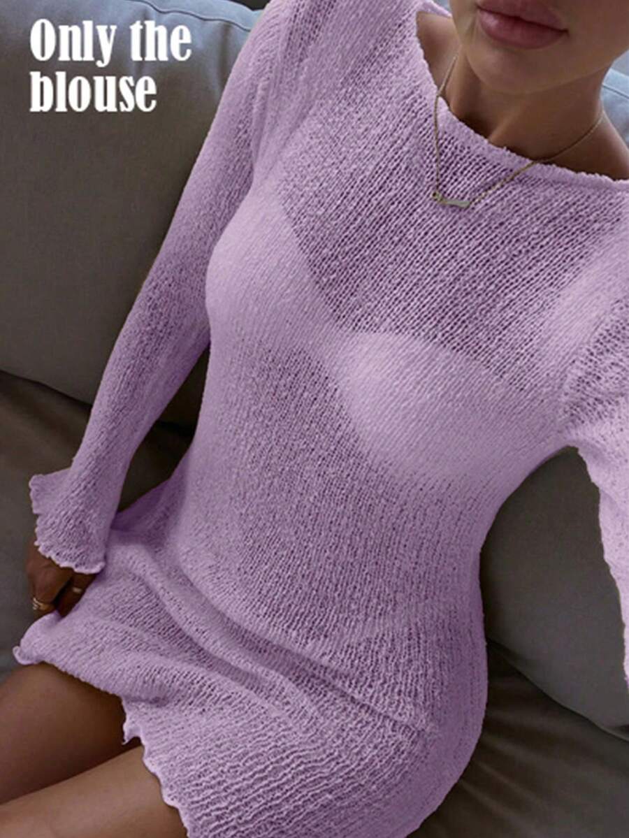 Women's Solid Yellow Hollow Long Sleeve Knit Dress, Y2K Style Casual Loose Fit, Elegant Beach Vacation Style, Swimsuit Cover-Up Summer