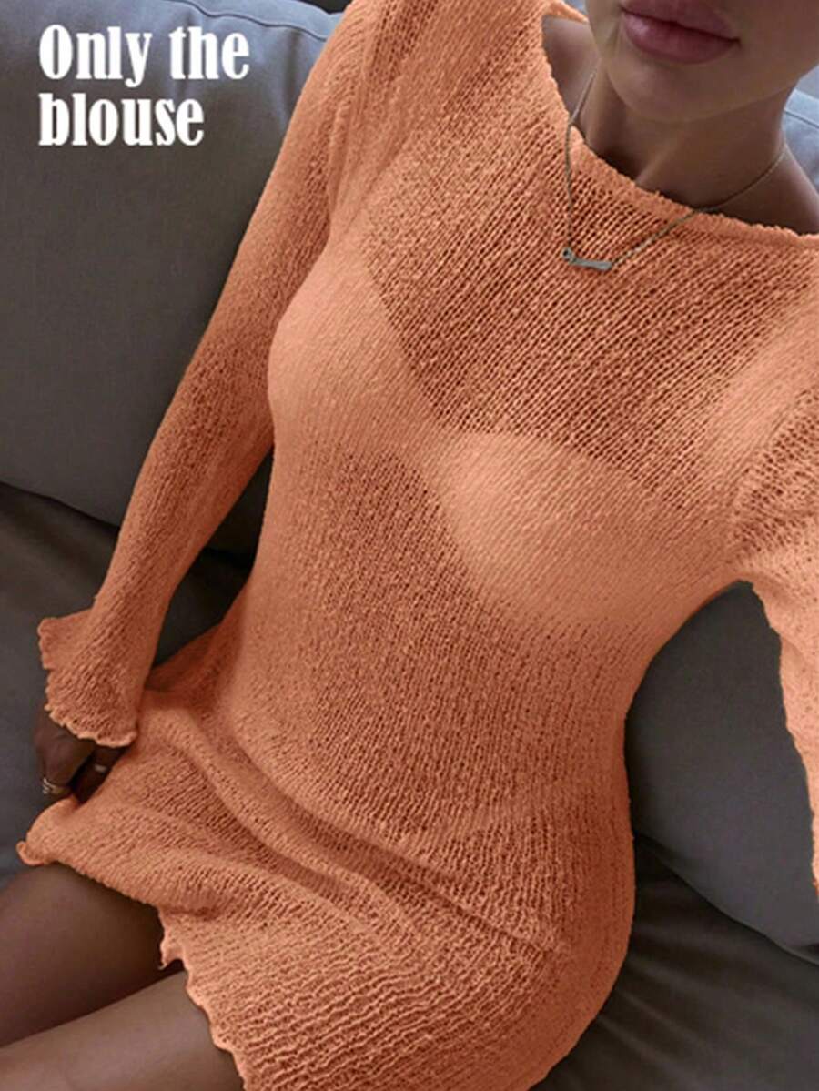 Women's Solid Yellow Hollow Long Sleeve Knit Dress, Y2K Style Casual Loose Fit, Elegant Beach Vacation Style, Swimsuit Cover-Up Summer