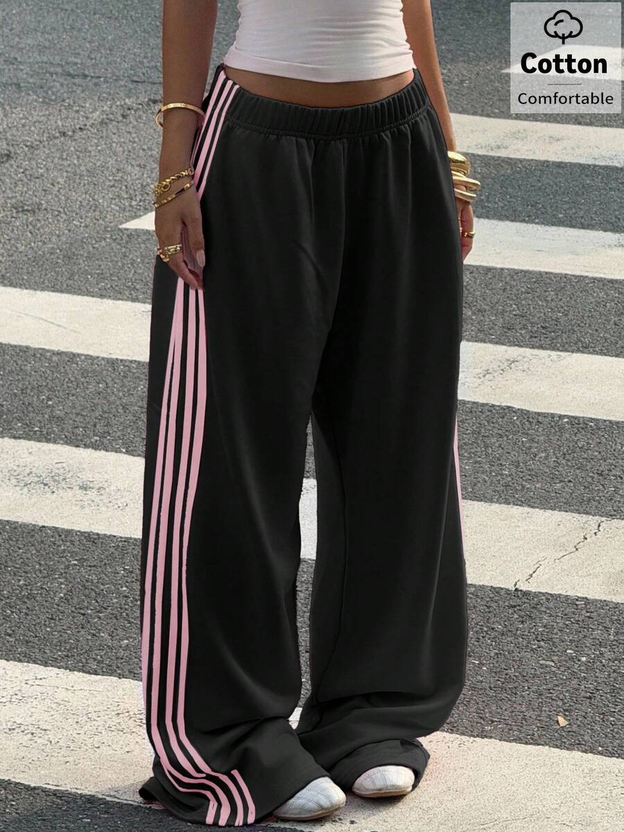 Muchica Women's Chocolate Brown Wide Leg Sweatpants With Brown Stripe,Winter Athleisure Gym Extra Long Knitted Fabric Casual Oversized Loose Striped Pants