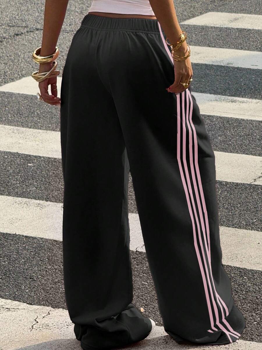 Muchica Women's Chocolate Brown Wide Leg Sweatpants With Brown Stripe,Winter Athleisure Gym Extra Long Knitted Fabric Casual Oversized Loose Striped Pants