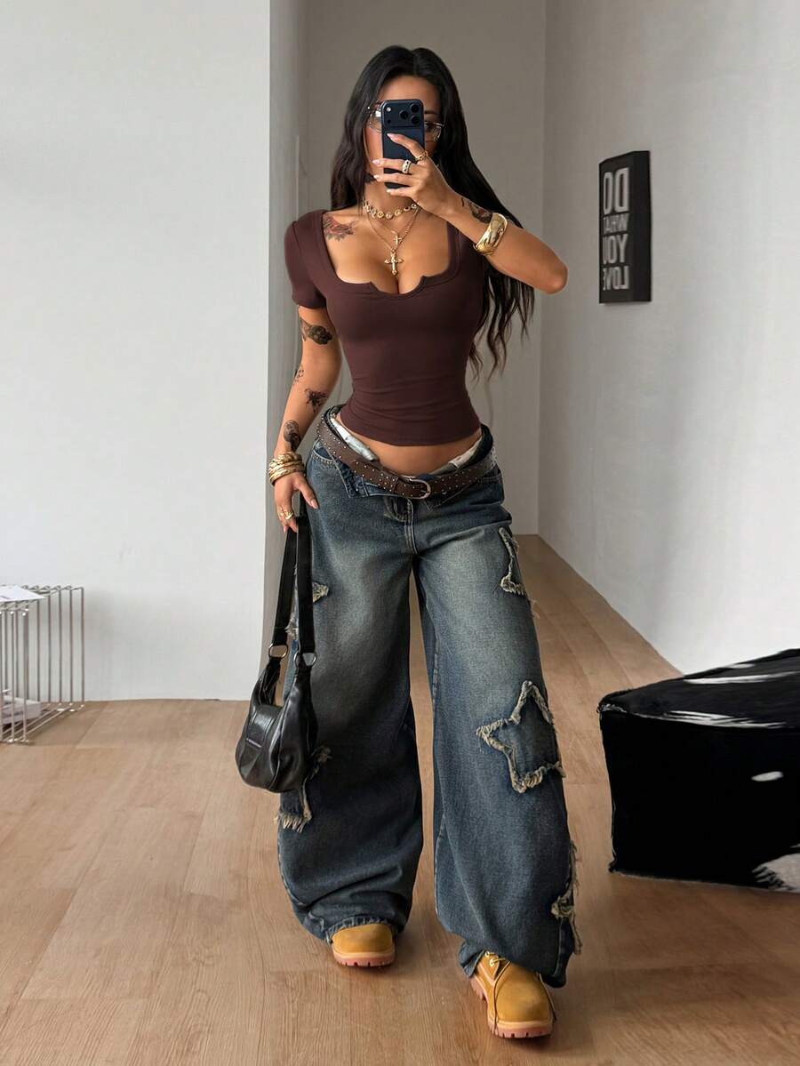 Coolane Women's Y2K Minimalist Army Green Summmer Seksi Chic Night Out Streetwear Branch Pattern Bustier Stretchy Ribbed Knit V-Neck Tight Fitting Top T-Shirt