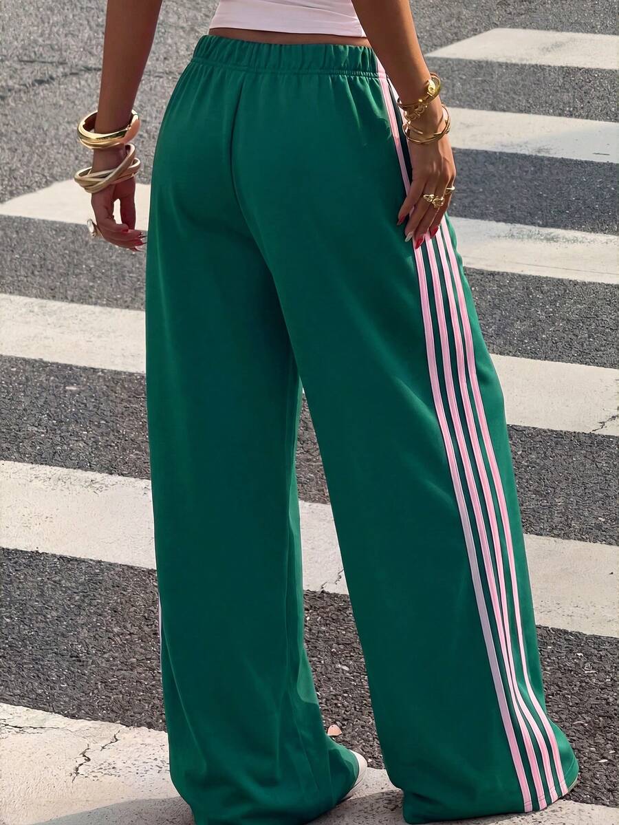 Muchica Women's Chocolate Brown Wide Leg Sweatpants With Brown Stripe,Winter Athleisure Gym Extra Long Knitted Fabric Casual Oversized Loose Striped Pants