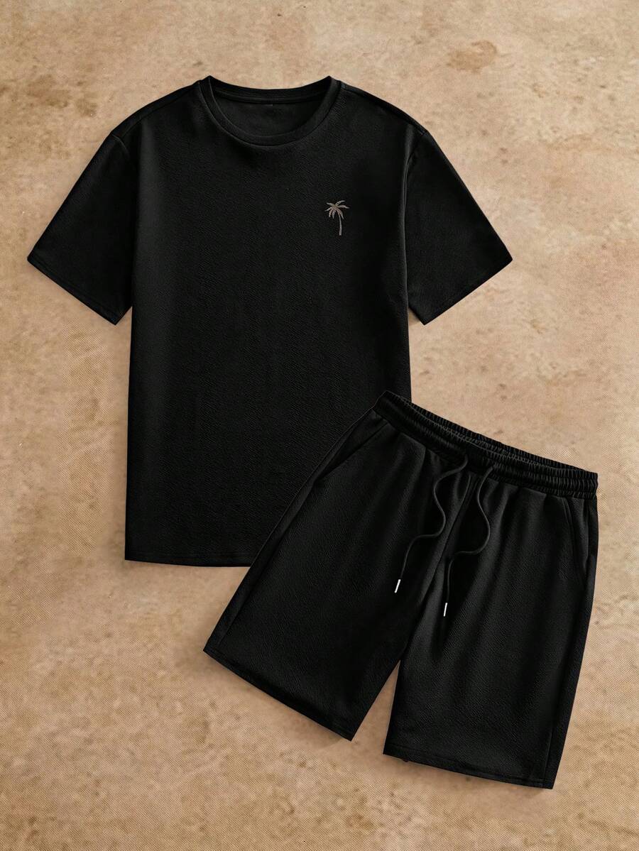 HIMLAND Men's Solid Color Plant Print Crew Neck Short Sleeve T-Shirt And Drawstring Waist Pocket Shorts Set