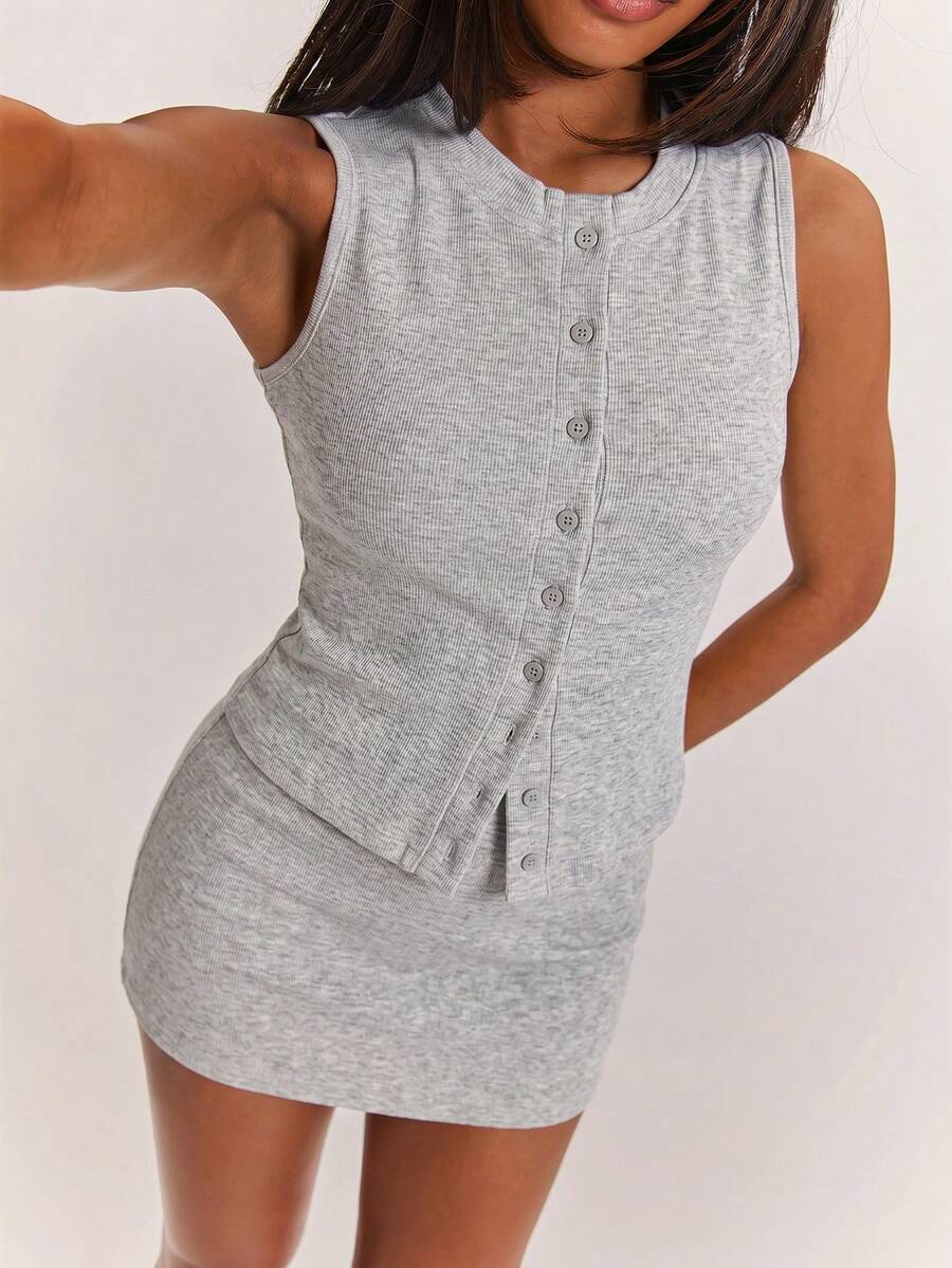 SHEIN BAE 2pcs/Set Women's Summer Knit Striped Round Neck Casual Tank Top And Low Waist Mini Skirt,Black,Summmer,Seksi Chic,Club Night,Ibiza Holiday,Yellow Set