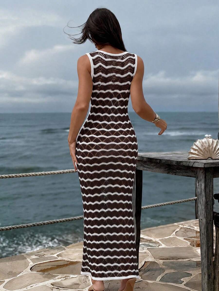 Spring/Summer New Women's Brown V-Neck Tie-Up Fitted Knit Maxi Dress, Y2K Bohemian Hollow Out Elegant Casual Beach Vacation Maxi Dress