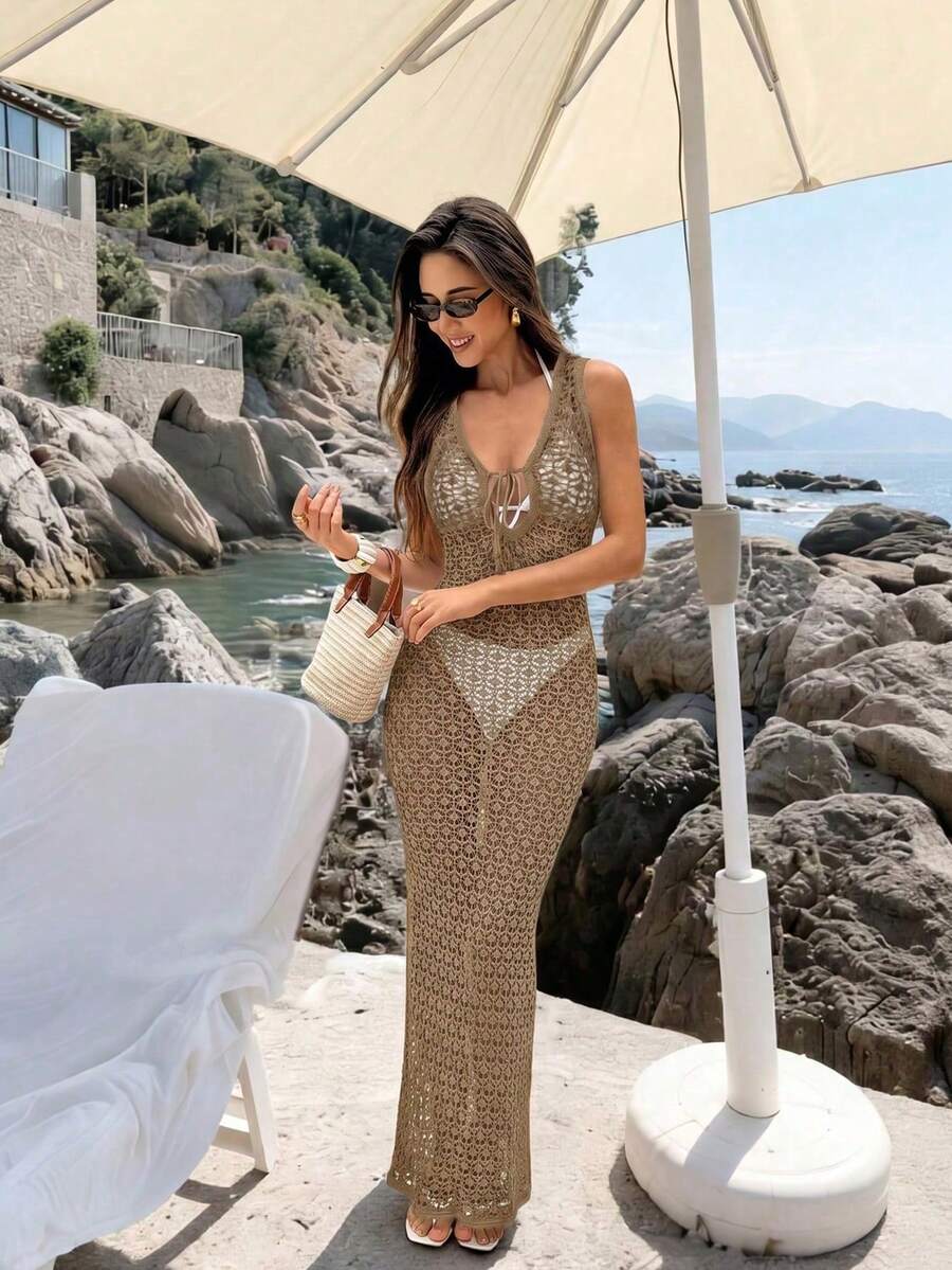 Spring/Summer New Women's Brown V-Neck Tie-Up Fitted Knit Maxi Dress, Y2K Bohemian Hollow Out Elegant Casual Beach Vacation Maxi Dress
