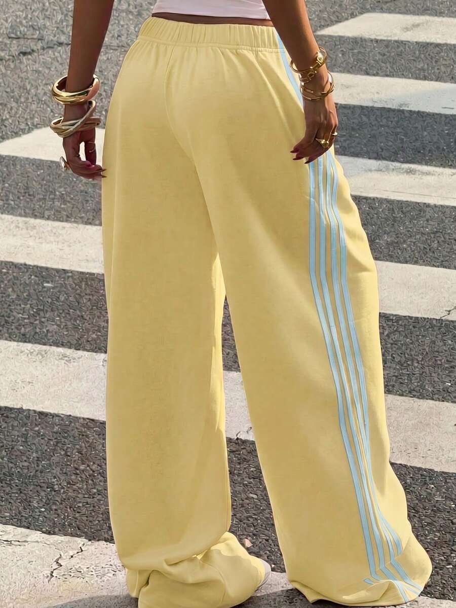 Muchica Women's Chocolate Brown Wide Leg Sweatpants With Brown Stripe,Winter Athleisure Gym Extra Long Knitted Fabric Casual Oversized Loose Striped Pants
