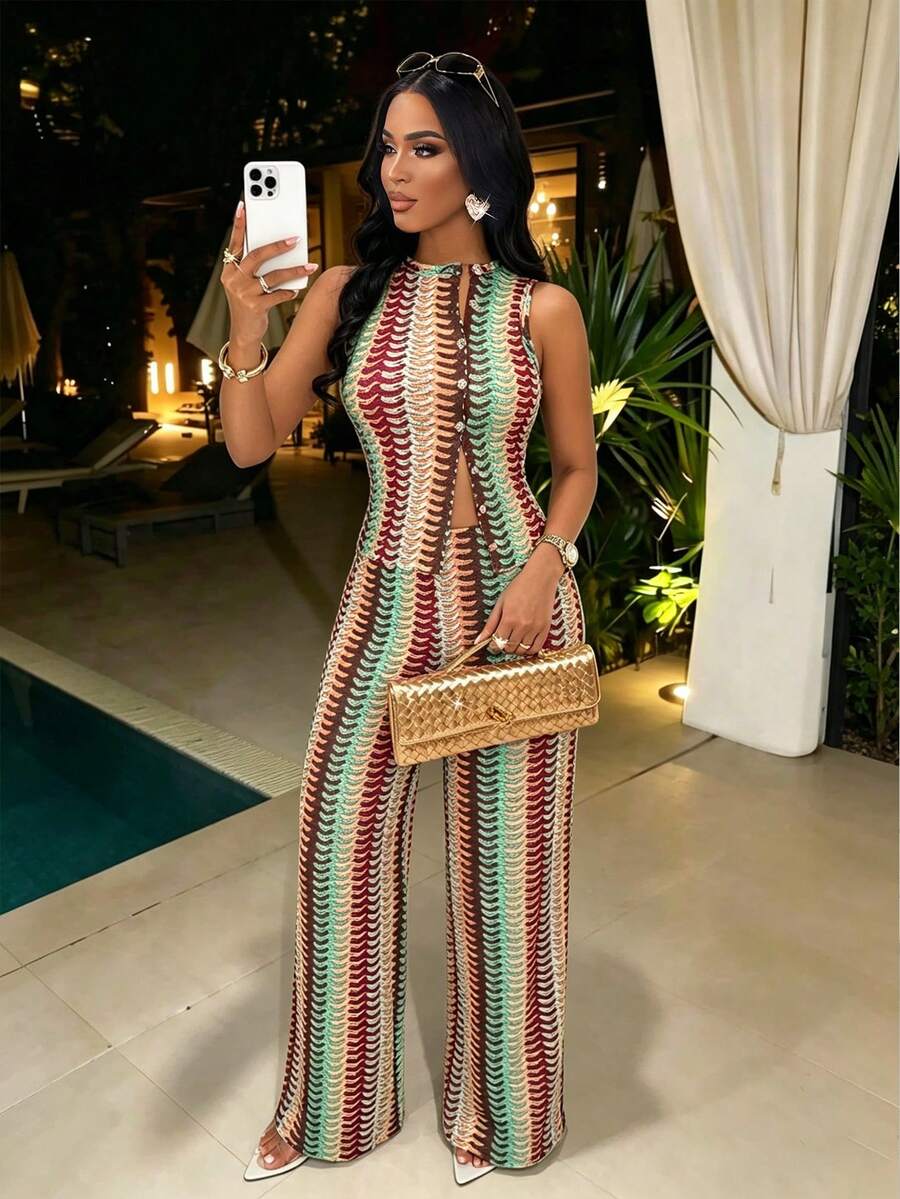AIJ Amarilo Striped Sleeveless Top And Straight Leg Pants 2-Piece Suit Set, Elegant Business Casual, Latest Spring/Summer Women's Outfit Black