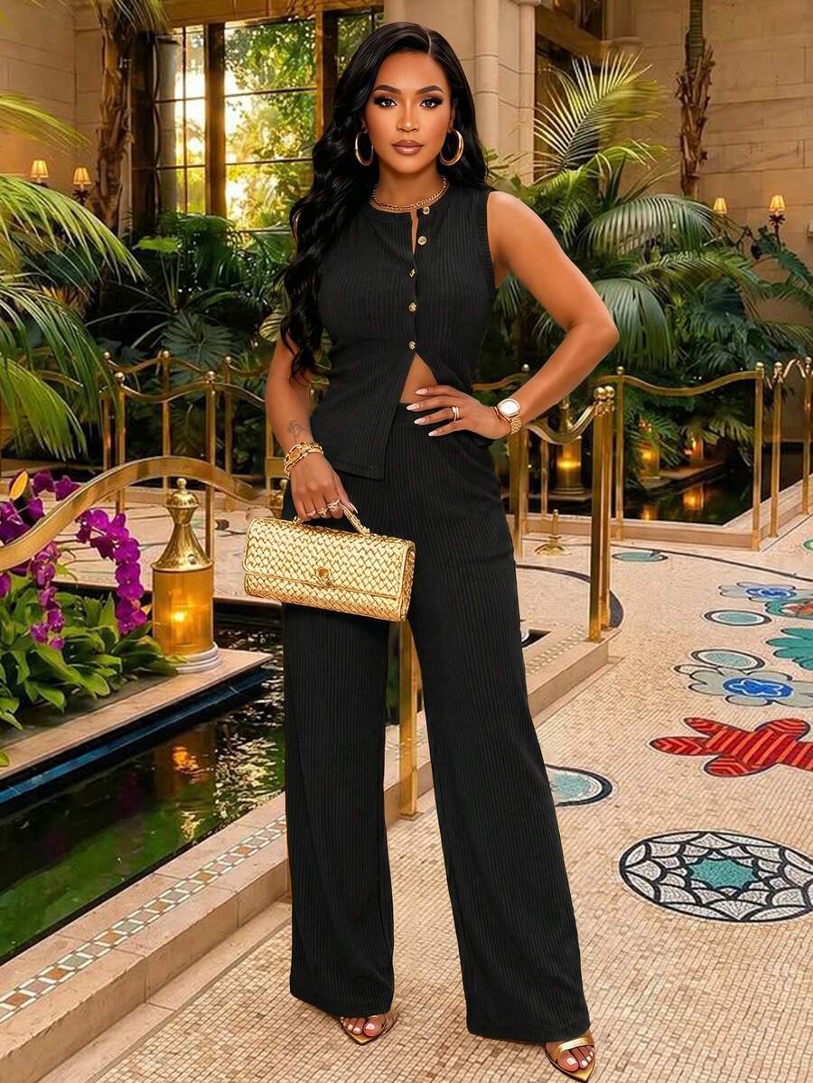 AIJ Amarilo Striped Sleeveless Top And Straight Leg Pants 2-Piece Suit Set, Elegant Business Casual, Latest Spring/Summer Women's Outfit Black