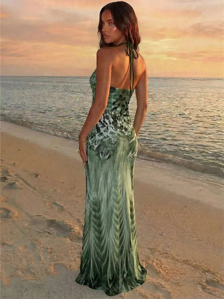 Aloruh Women's Spaghetti Strap Beaded Decor Leopard Print Fitted Dress