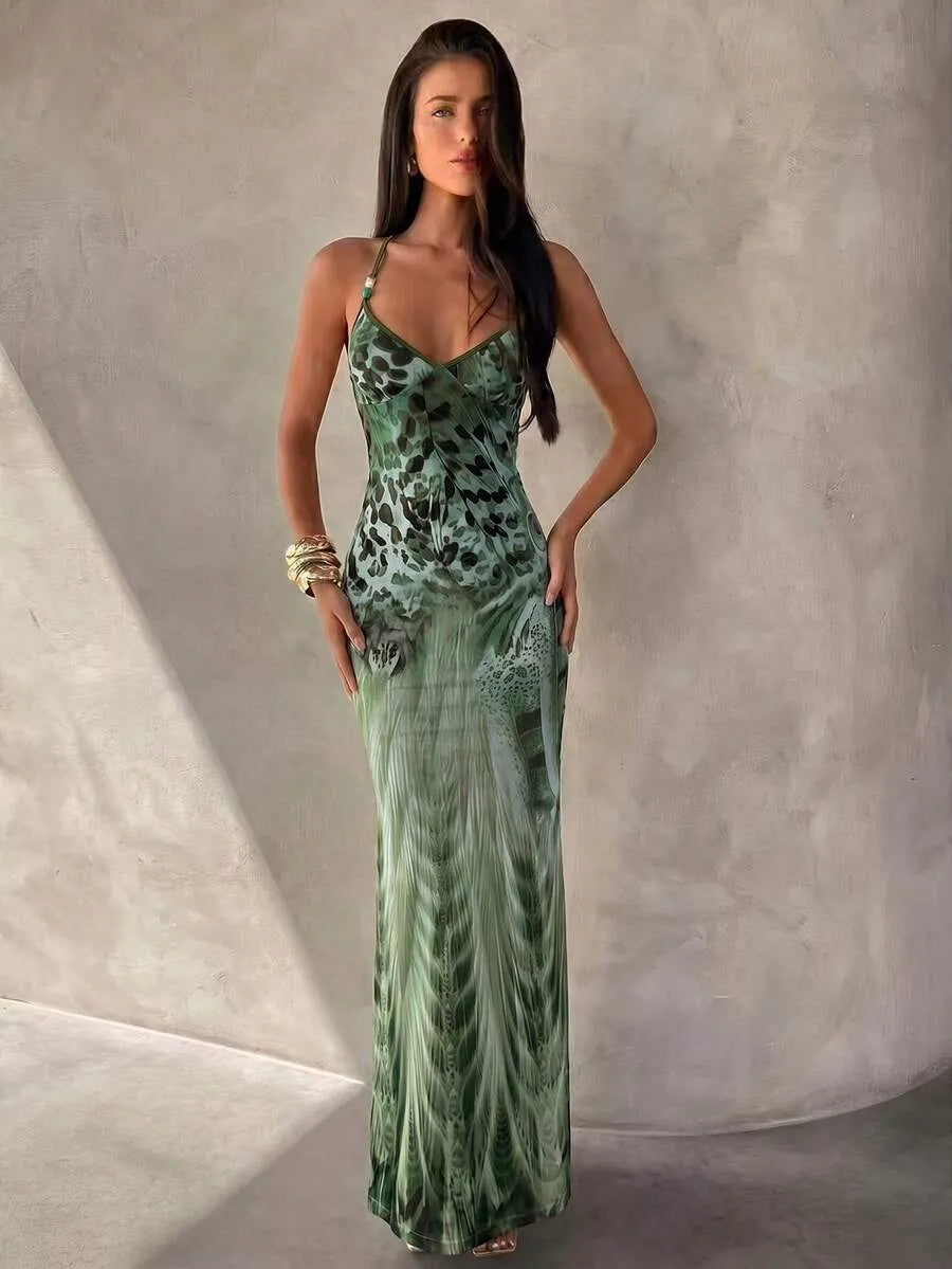 Aloruh Women's Spaghetti Strap Beaded Decor Leopard Print Fitted Dress