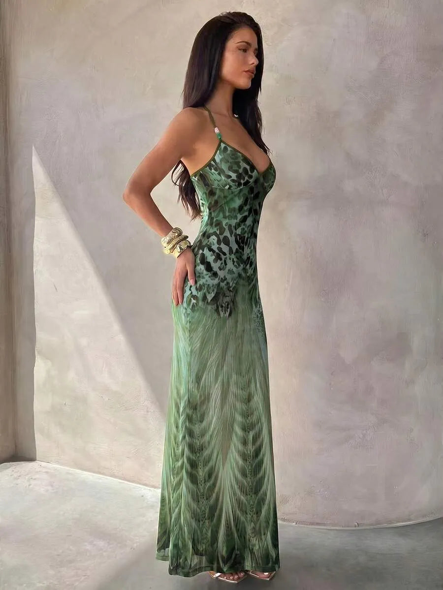 Aloruh Women's Spaghetti Strap Beaded Decor Leopard Print Fitted Dress