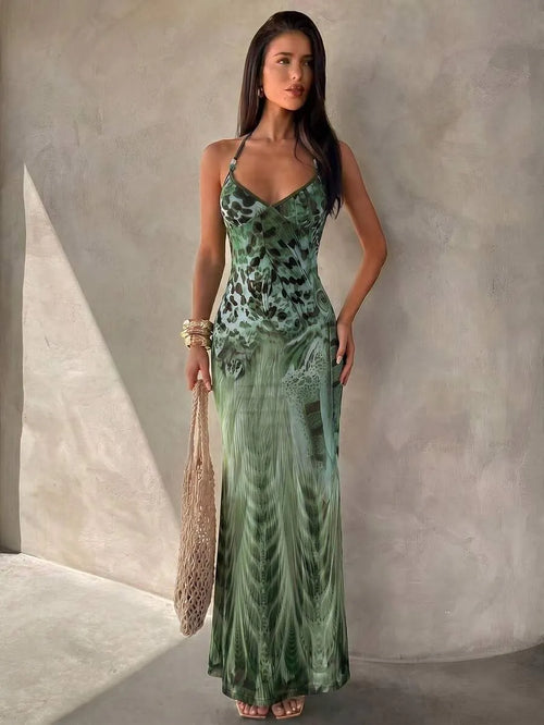 Aloruh Women's Spaghetti Strap Beaded Decor Leopard Print Fitted Dress