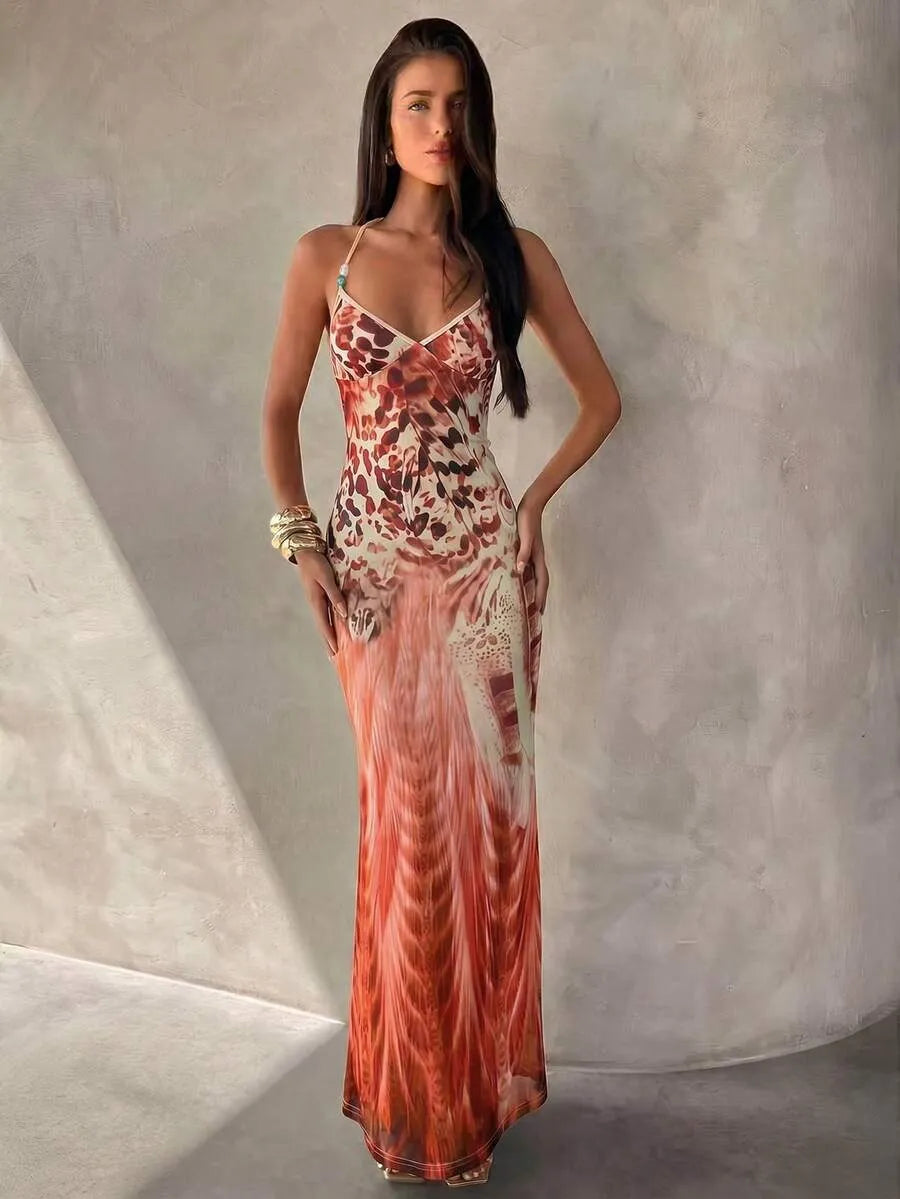 Aloruh Women's Spaghetti Strap Beaded Decor Leopard Print Fitted Dress
