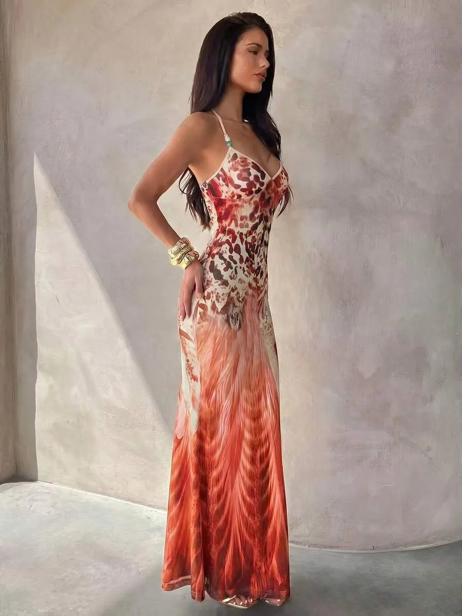 Aloruh Women's Spaghetti Strap Beaded Decor Leopard Print Fitted Dress