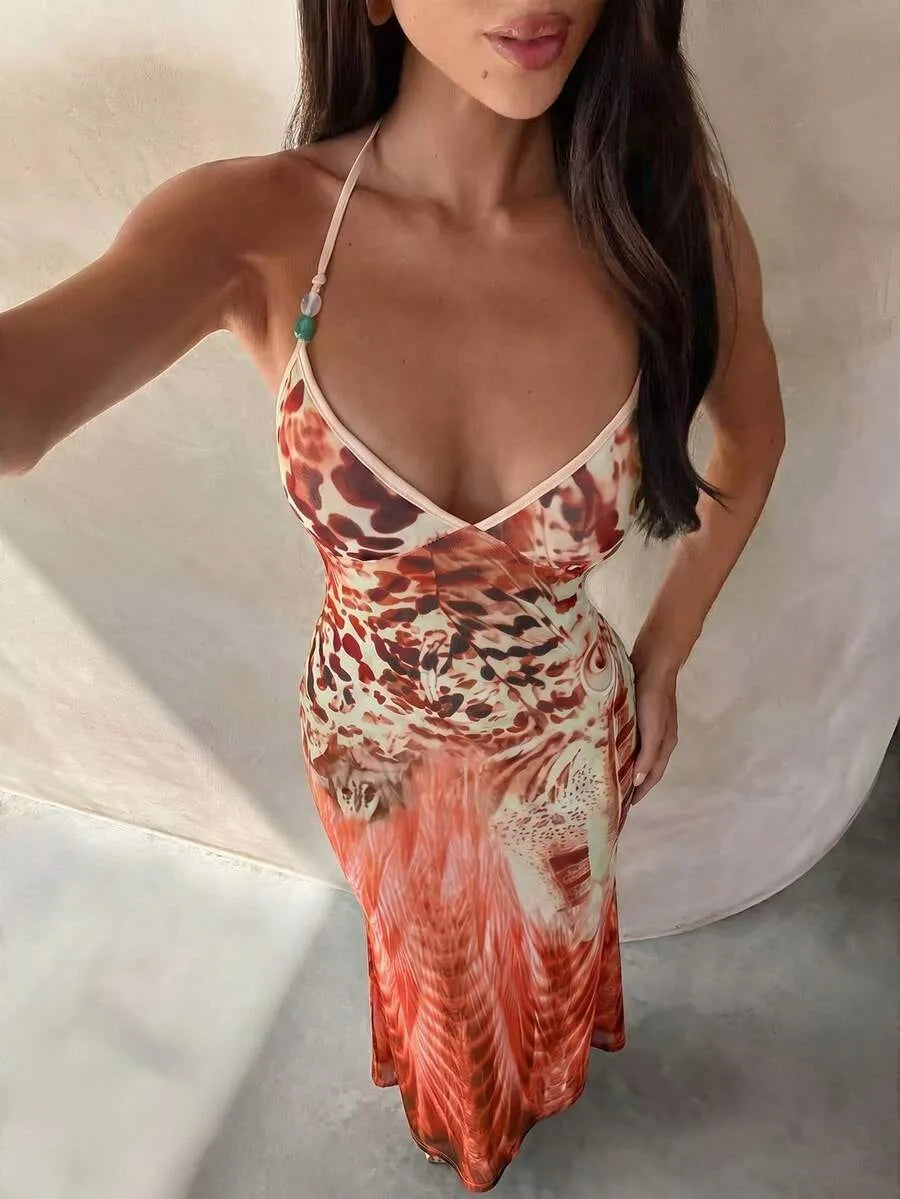 Aloruh Women's Spaghetti Strap Beaded Decor Leopard Print Fitted Dress