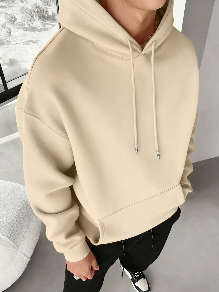 Men's Casual Minimalist Solid Color Kangaroo Pocket Drawstring Hoodie, Suitable For Daily Commute, Autumn/Winter