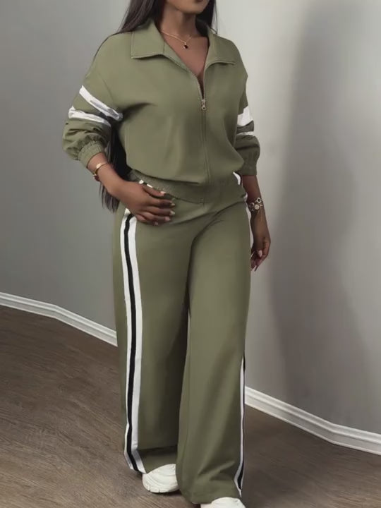 Slaydiva Women's Two-Piece Set Casual Sports Stand-Up Collar Zipper Jacket And Straight Wide-Leg Trousers Army Green,Autumn,Travel Airport Ribbon Outfits